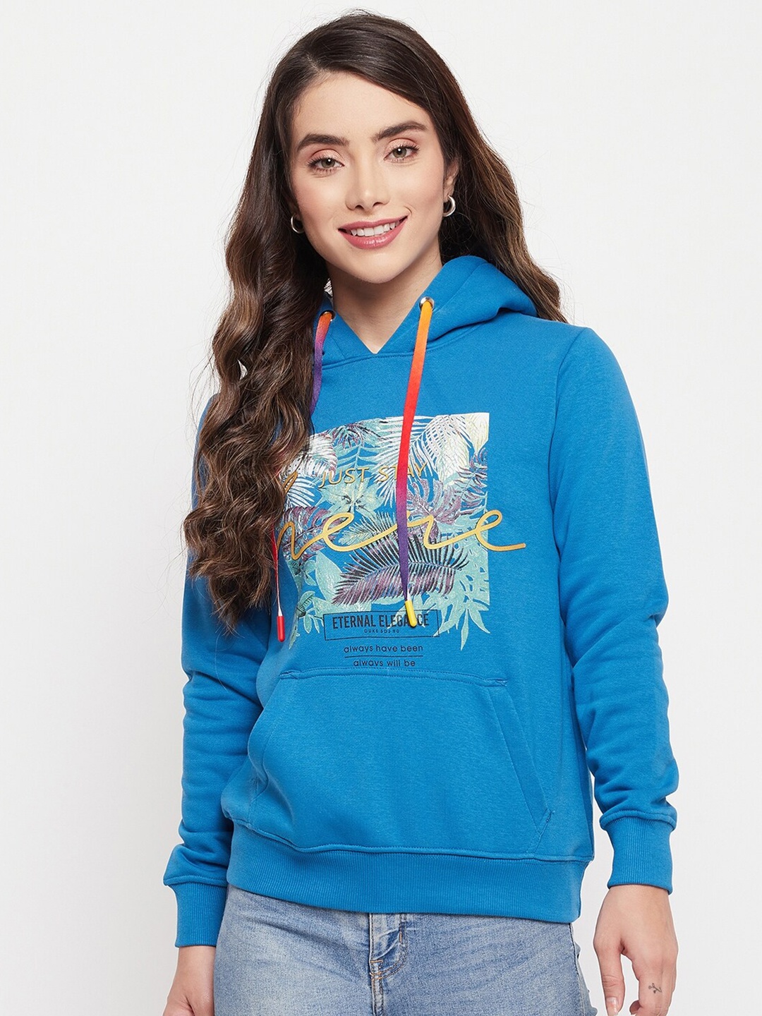 

Duke Women Blue Printed Hooded Sweatshirt