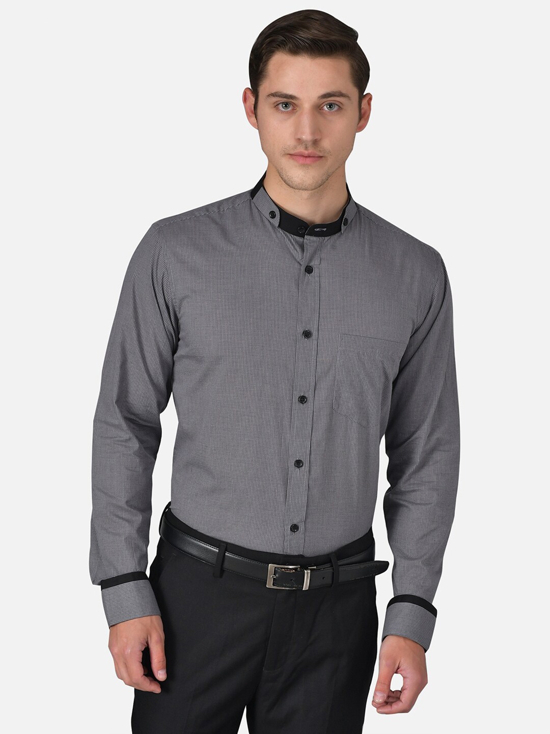 

Purple State Men Grey Slim Fit Micro Checked Formal Shirt