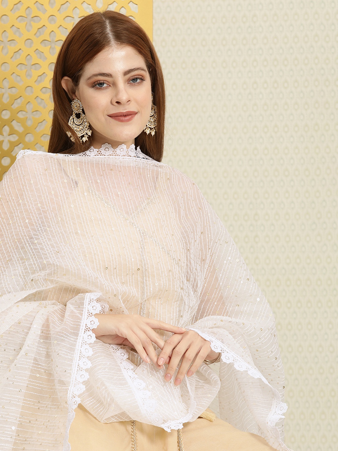 

House of Pataudi White Jashn Embroidered Sequin Dupatta