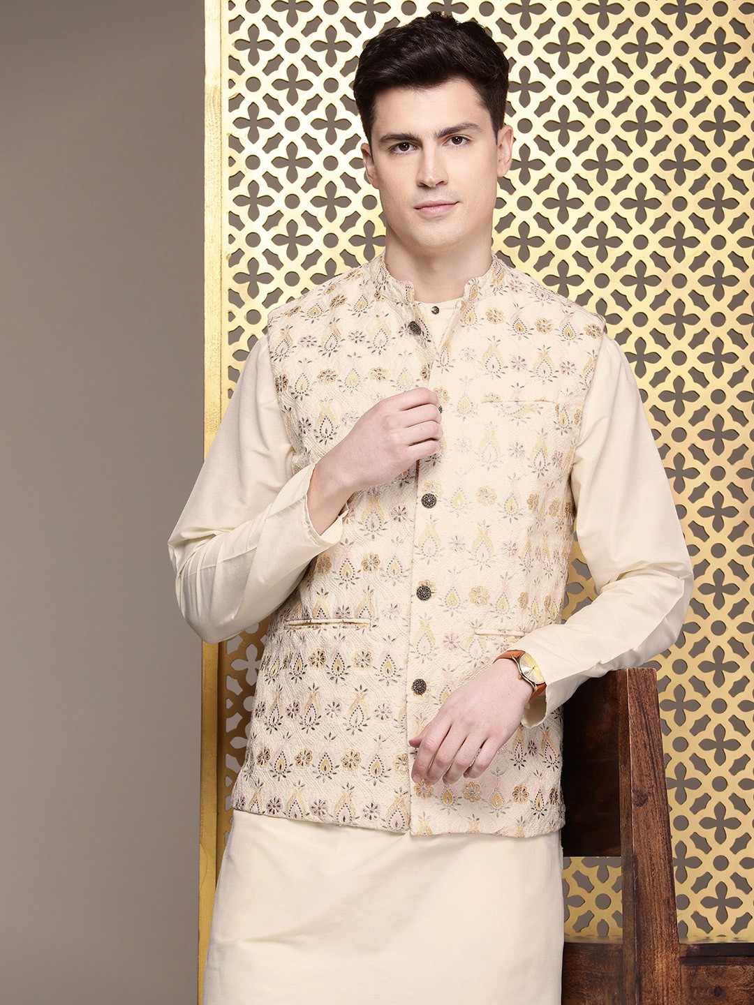 

House of Pataudi Solid Regular Rozana Kurta with Trousers & Embroidered Nehru Jacket, Beige