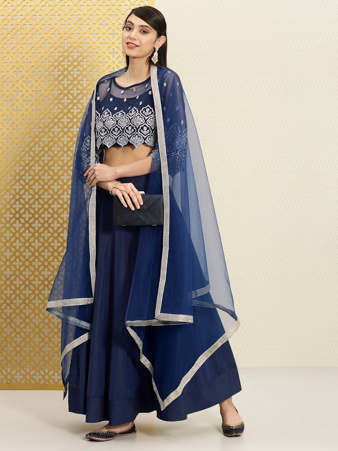 

House of Pataudi Embellished Sequinned Ready to Wear Jashn Lehenga & Blouse With Dupatta, Navy blue
