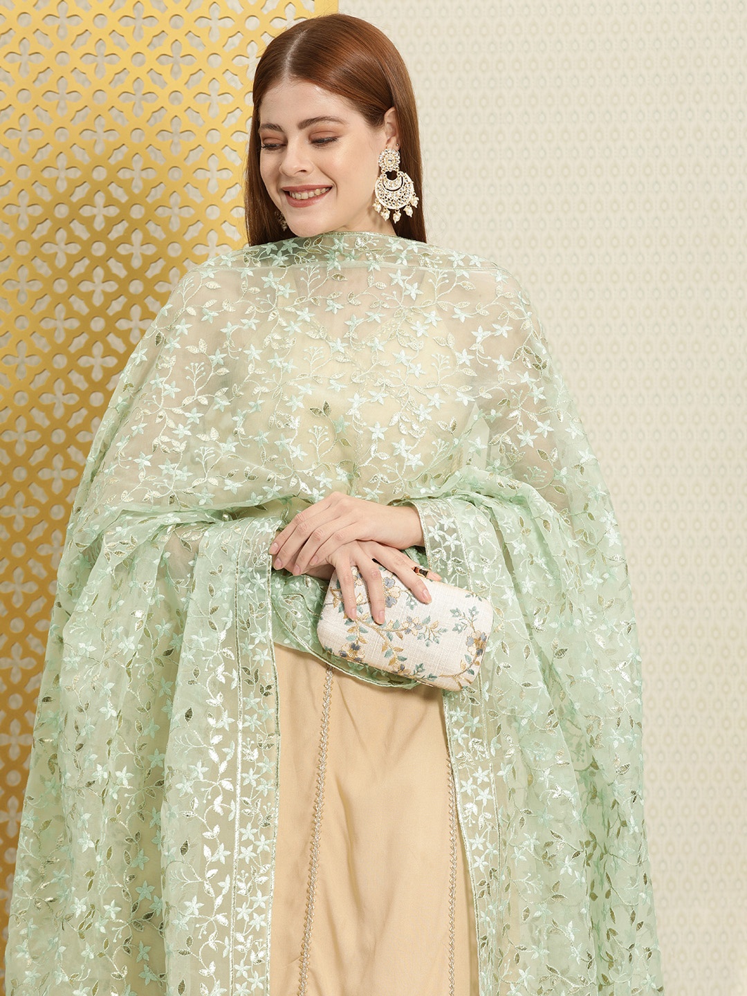 

House of Pataudi Sea Green Jashn Embroidered Sequin Dupatta