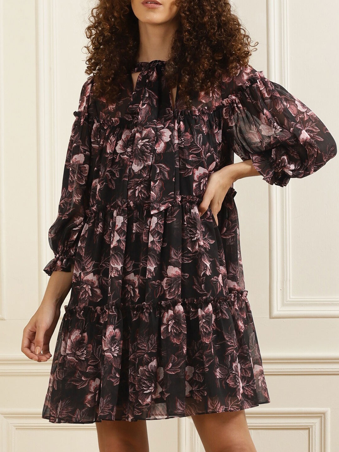 

Ted Baker Women Black Floral Tie-Up Neck Tiered A-Line Dress