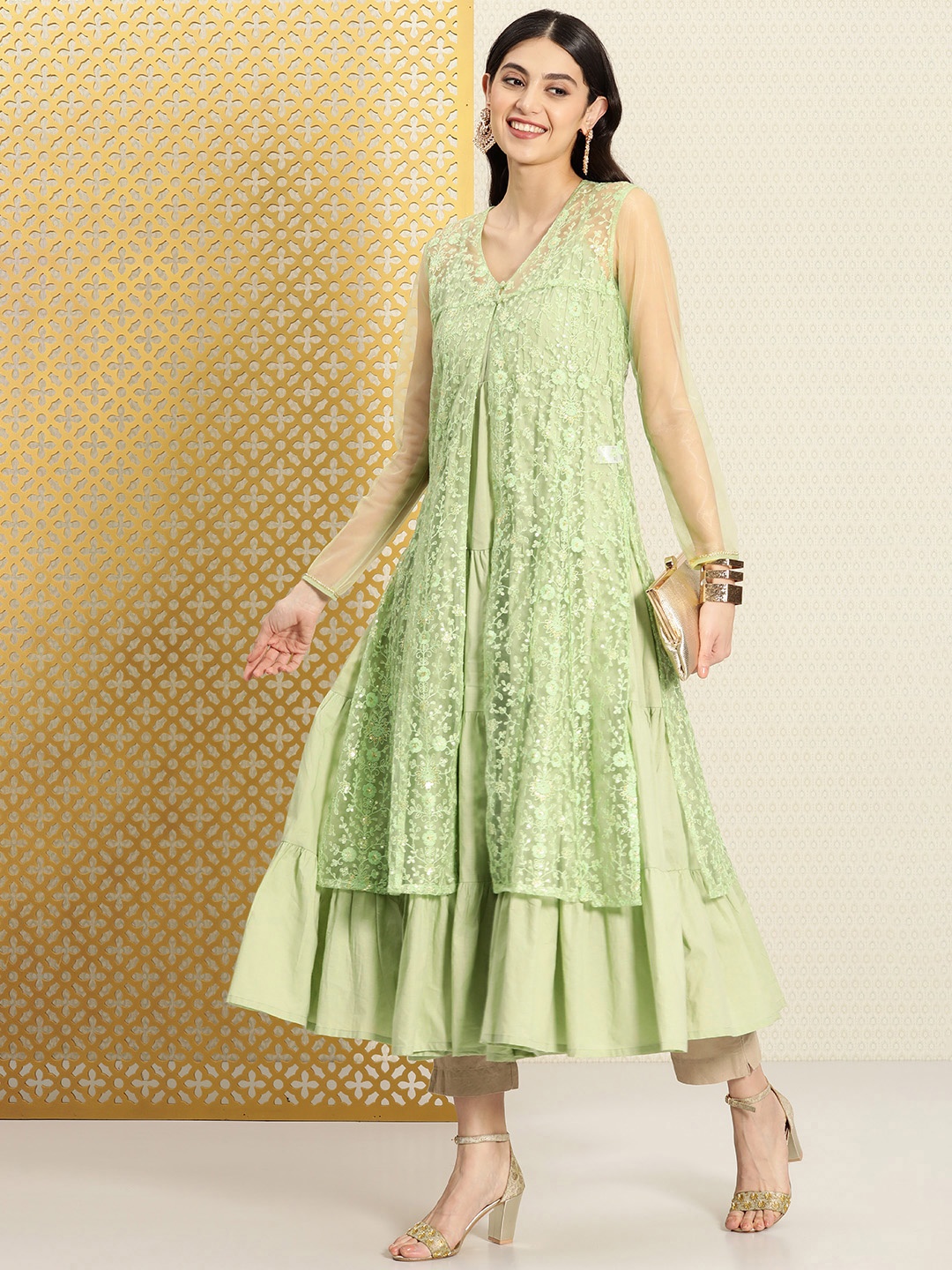 

House of Pataudi Women Pure Cotton Pastels Jashn Kurta With Net Over Coat, Green