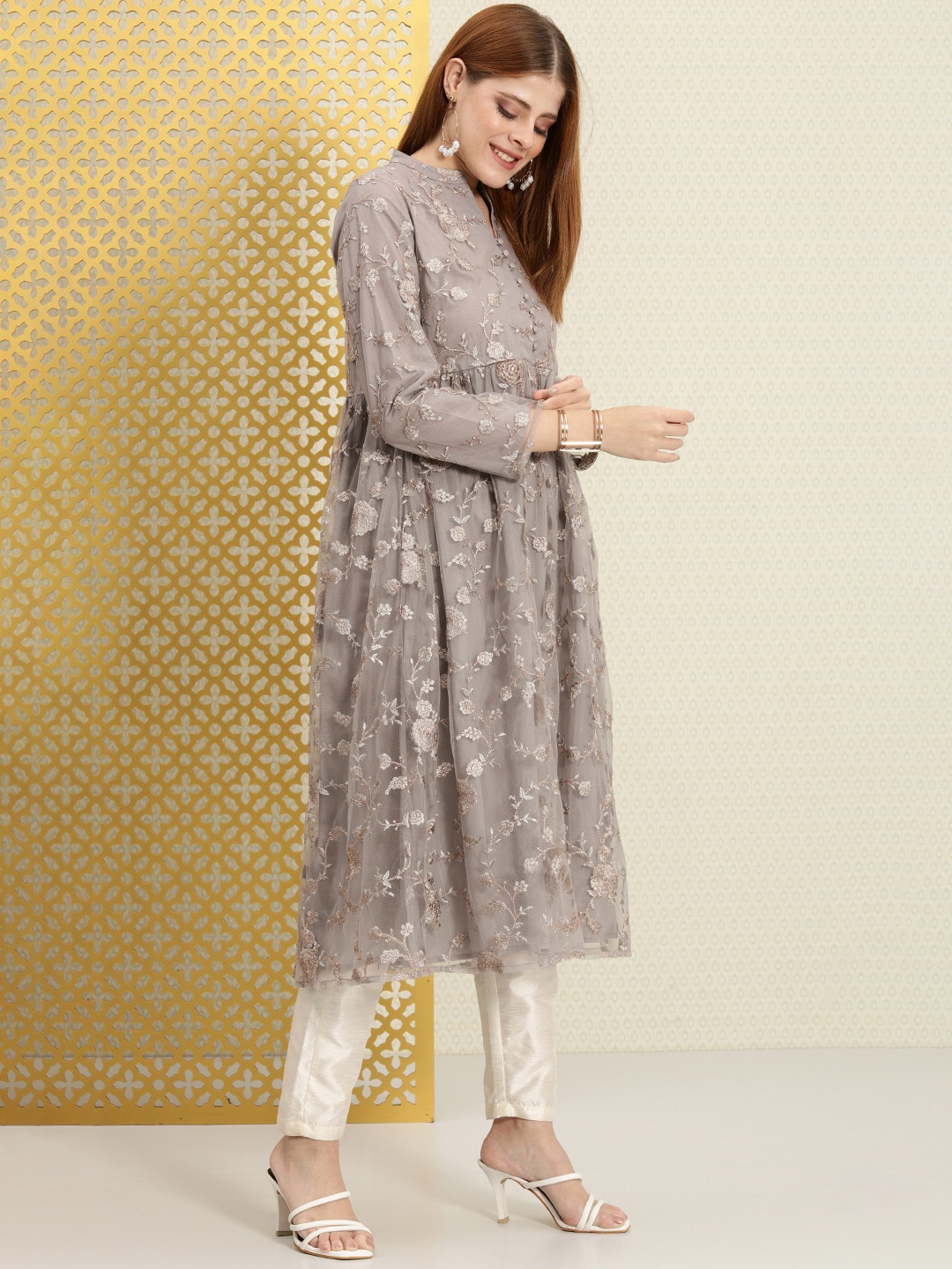 

House of Pataudi Women Embroidered Thread Work Floral Anarkali Jashn Kurta, Grey