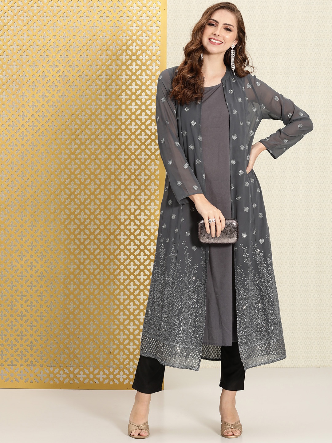 

House of Pataudi Jashn Pure Cotton A-Line Kurta With Sequined Thread Work Jacket, Grey