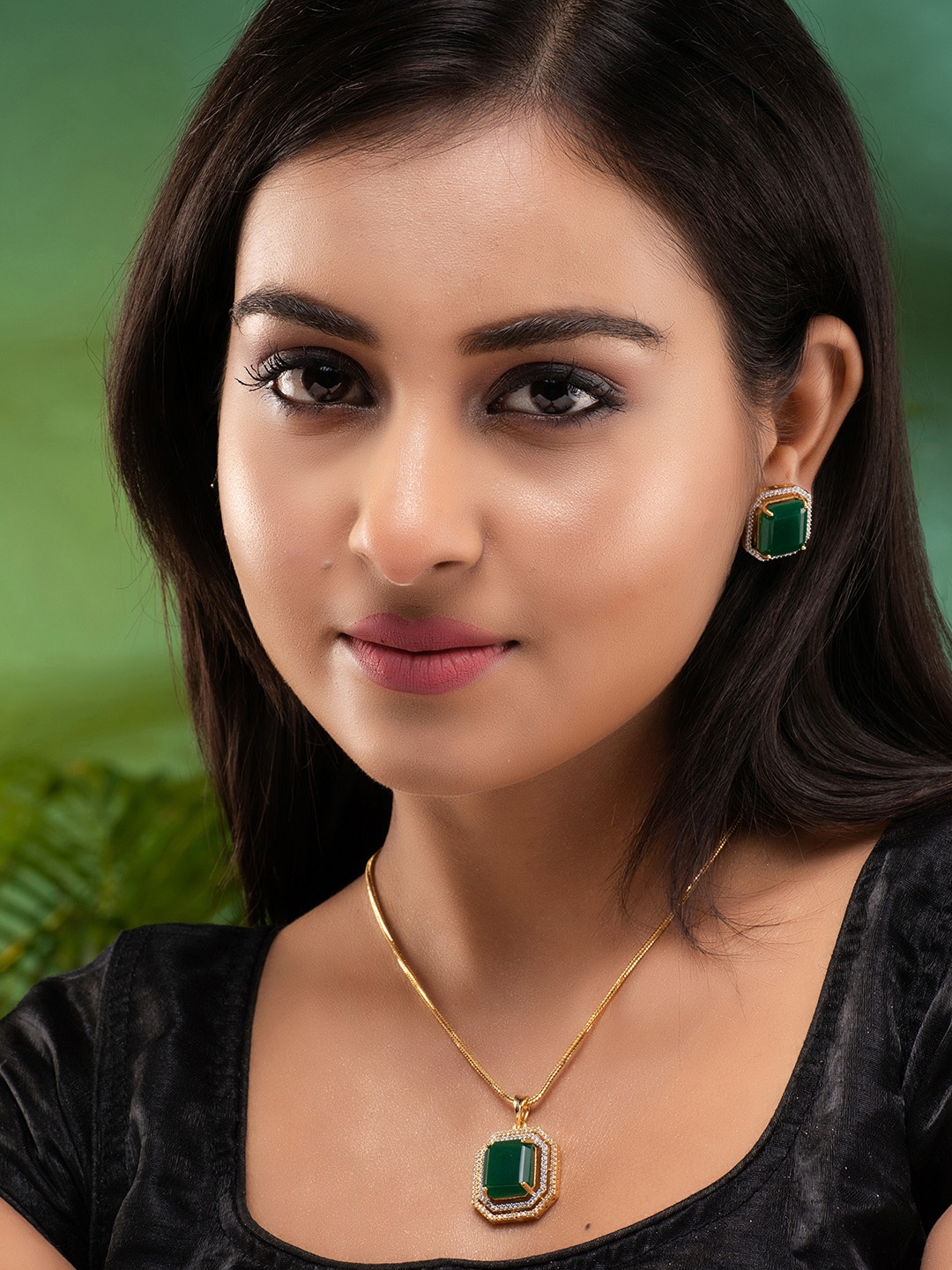 

Saraf RS Jewellery Gold-Plated White & Green AD Studded Jewellery Set