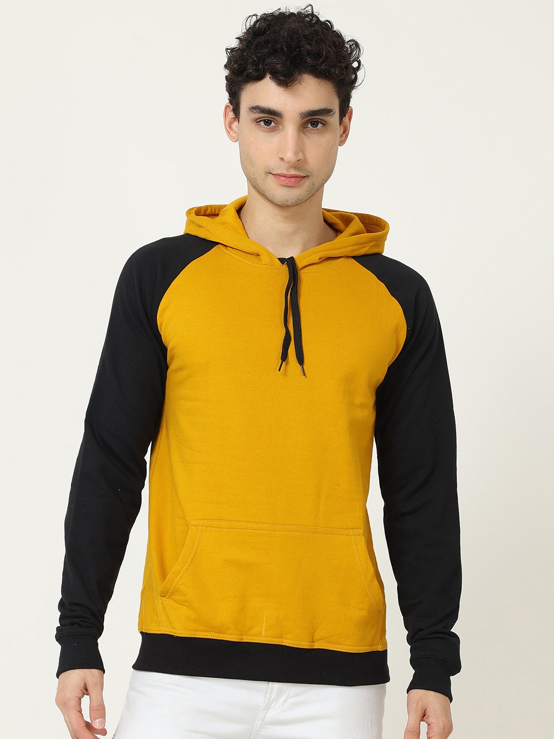 

Fleximaa Men Yellow & Black Colourblocked Cotton Hooded Sweatshirt