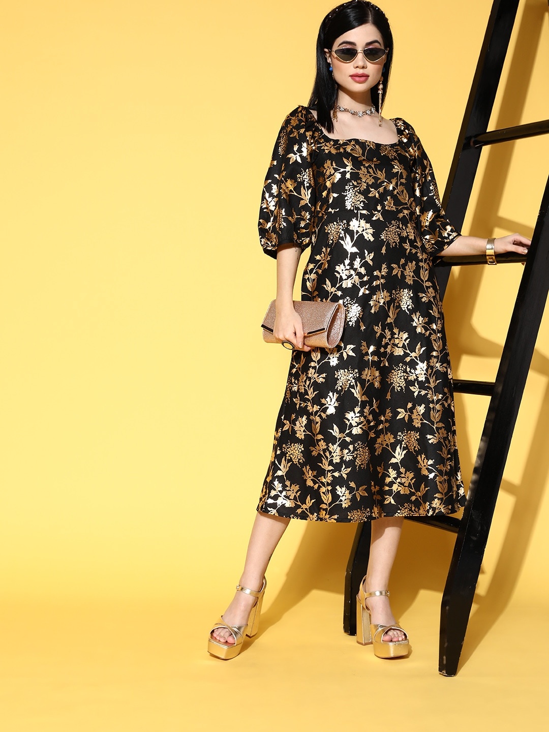 

Anouk Women Black & Golden Floral Printed A-Line Midi Dress