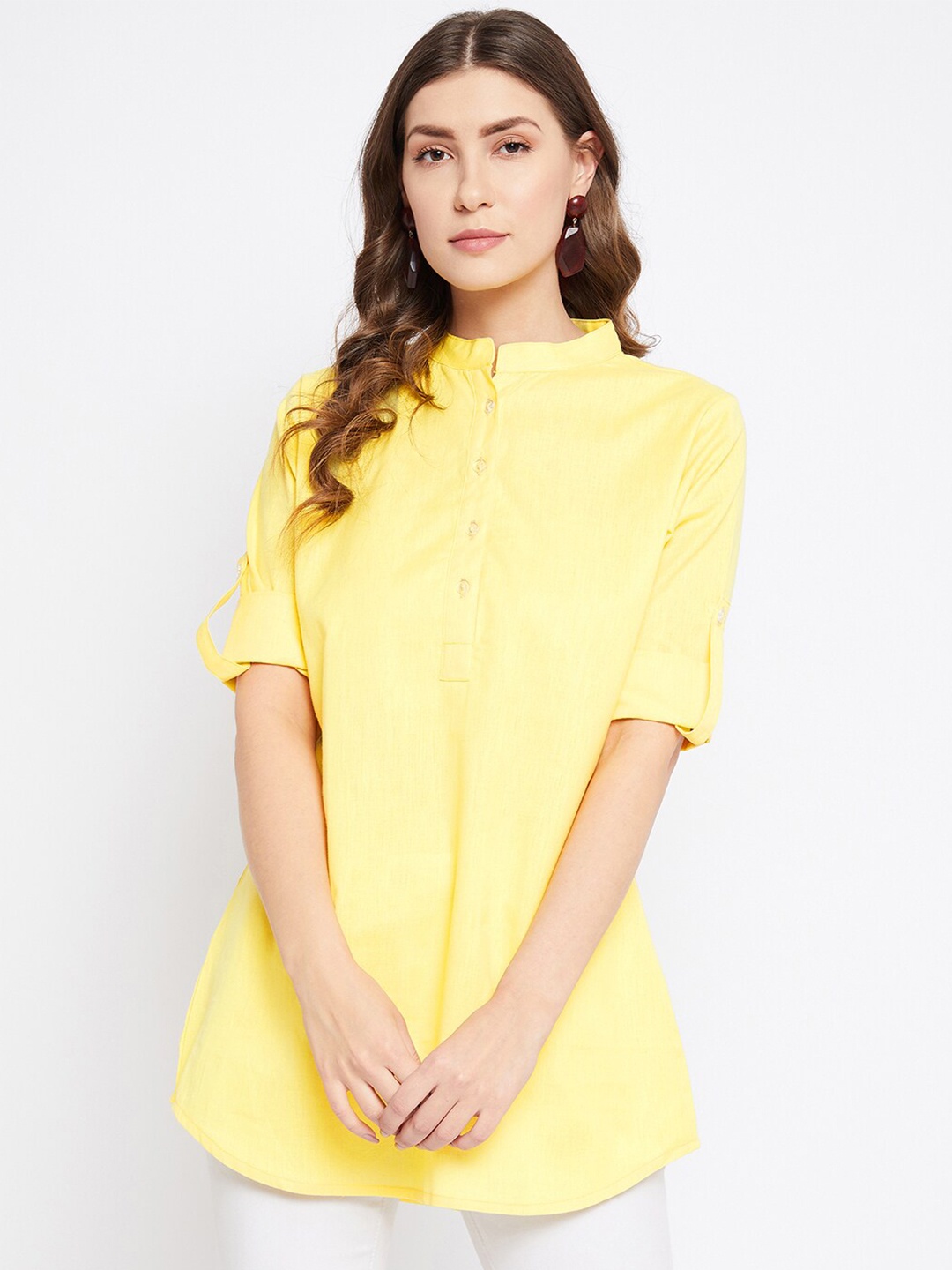 

Bitterlime Women Yellow Mandarin Collar Tunic