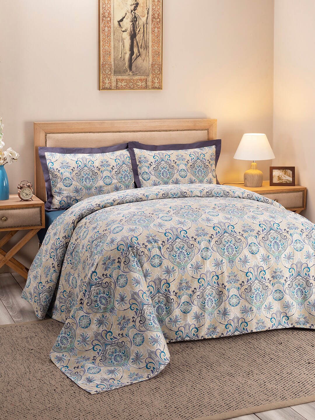 

MASPAR Blue Printed Pure Cotton 210 TC Double Duvet Cover With Pillow Covers, White