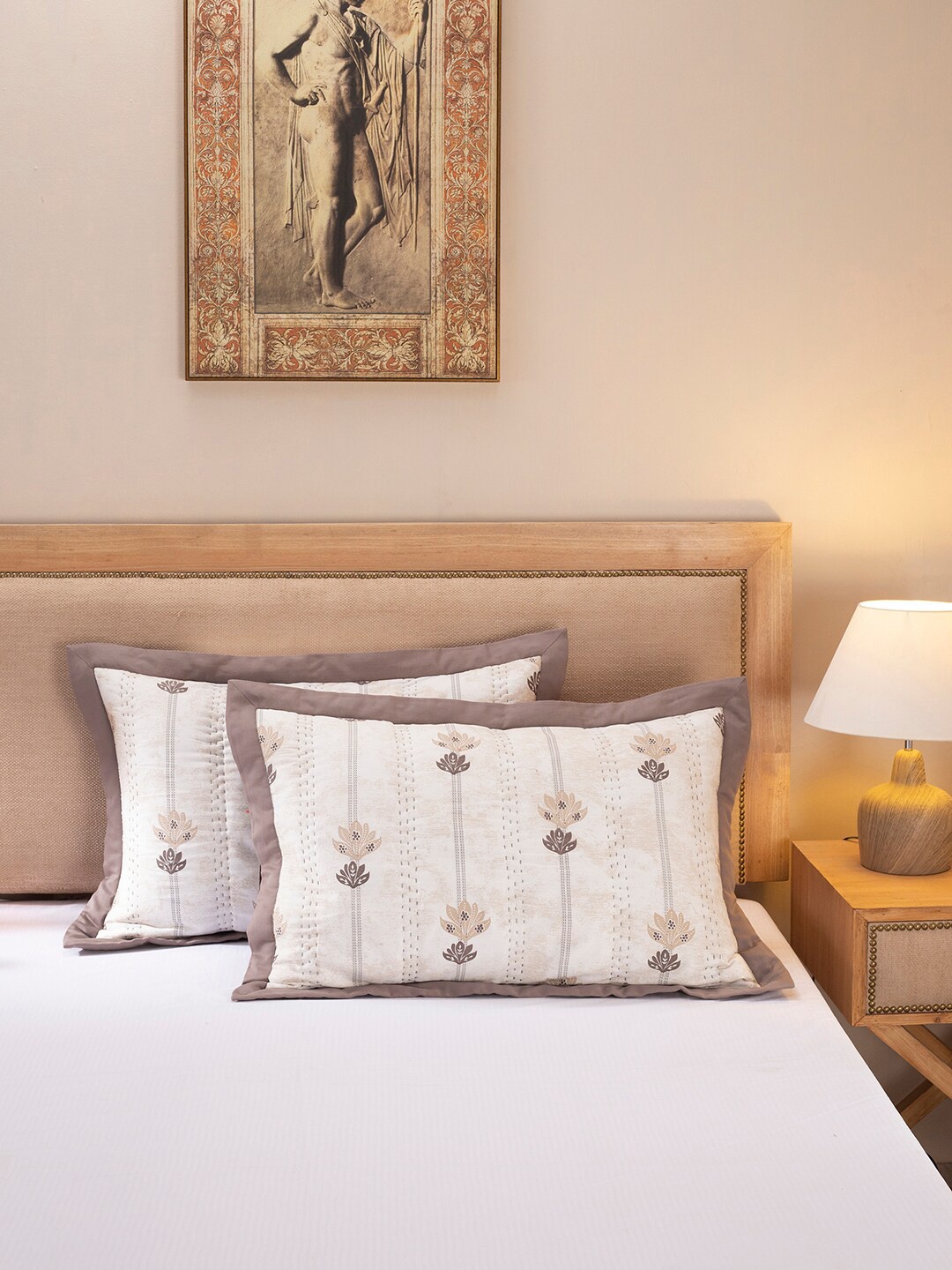 

MASPAR Beige Set Of 2 Quilted Cotton 125 GSM Pillow Covers