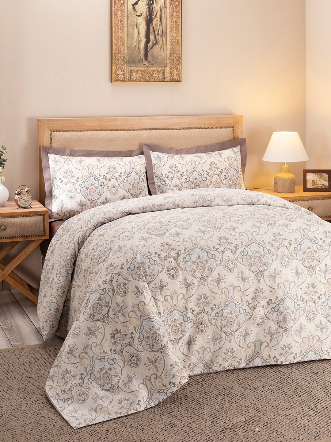 

MASPAR Beige Colored Printed Pure Cotton Double Queen 300 TC Duvet Cover With Pillow Cover