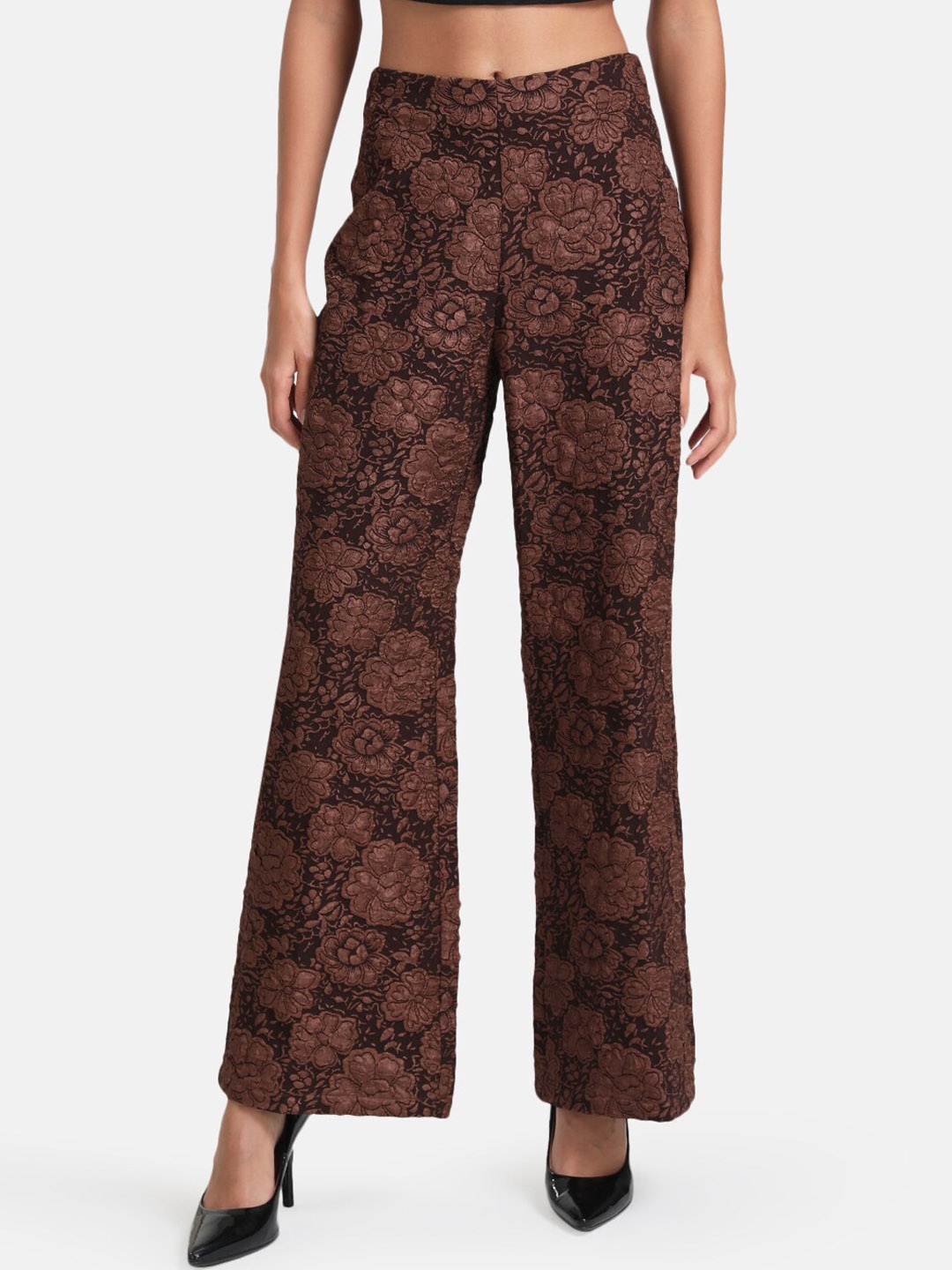 

Kazo Women Brown Floral Printed High-Rise Trouser