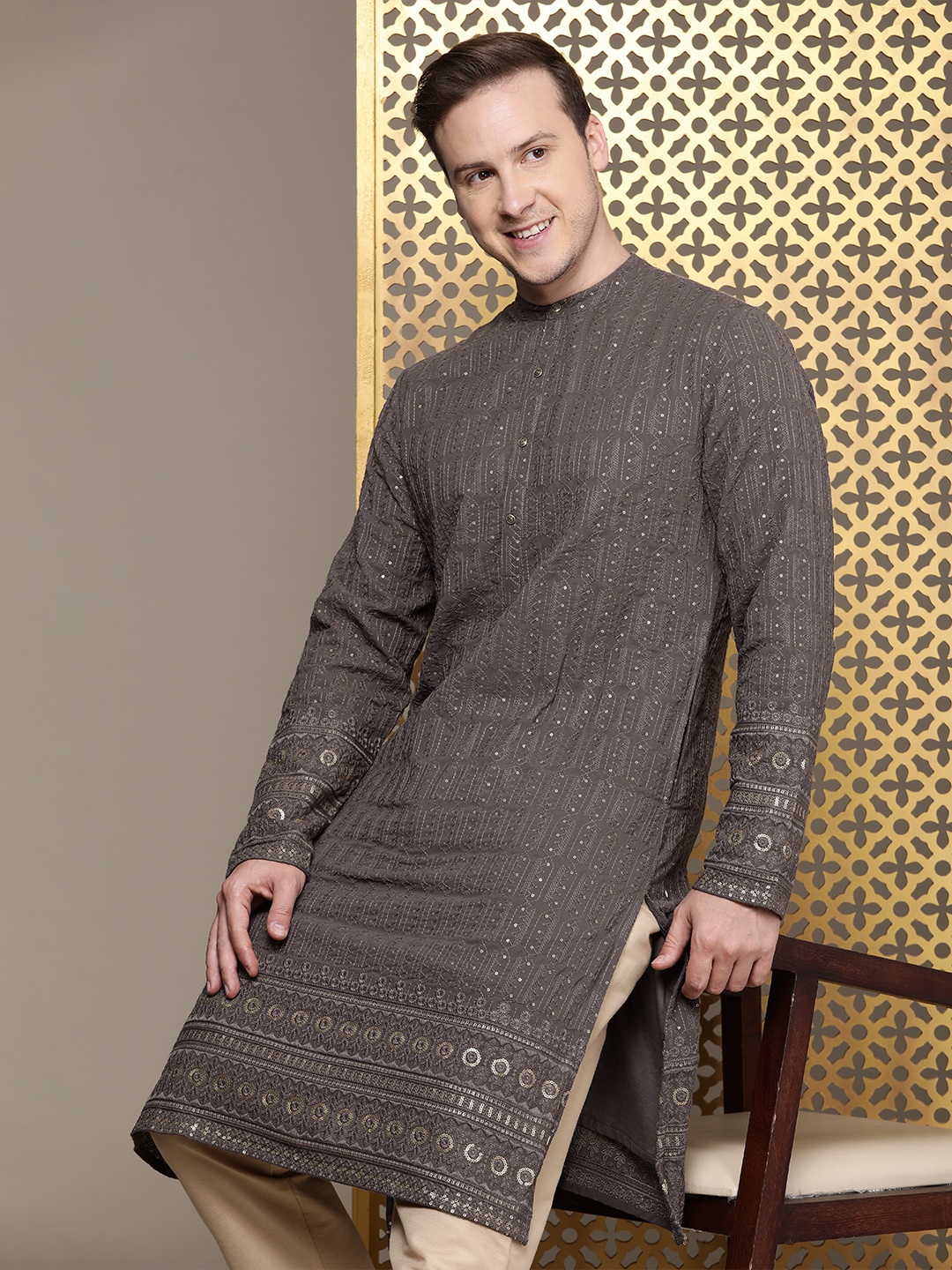 

House of Pataudi Sequinned Embellished Jashn Kurta, Taupe