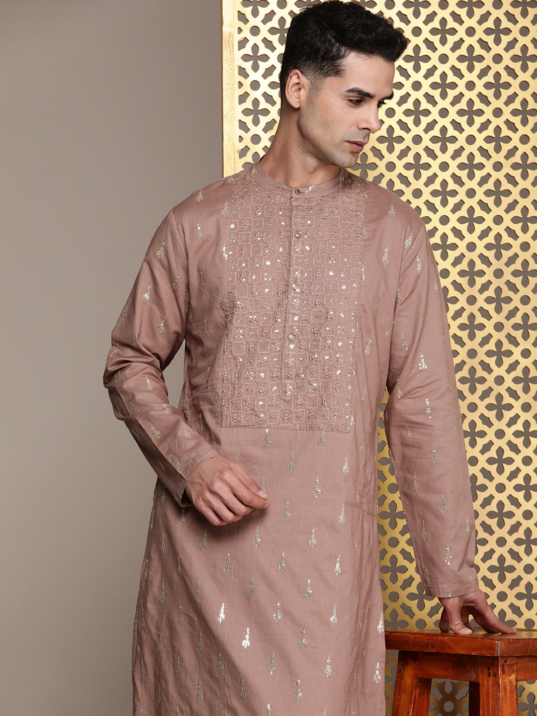 

House of Pataudi Embellished Sequined Jashn Kurta, Mauve