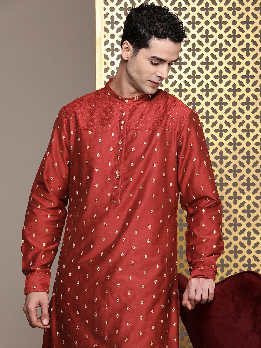 

House of Pataudi Embroidered Sequined Rozana Kurta, Rust