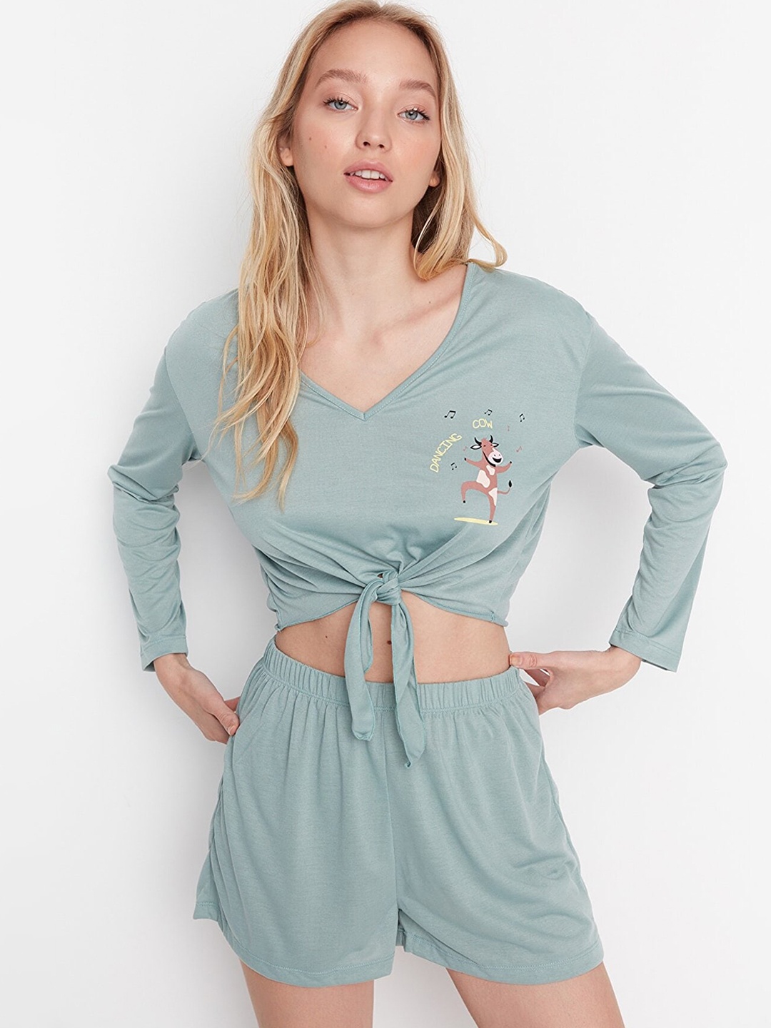 

Trendyol Women Green Printed Night suit-230823944-Mint