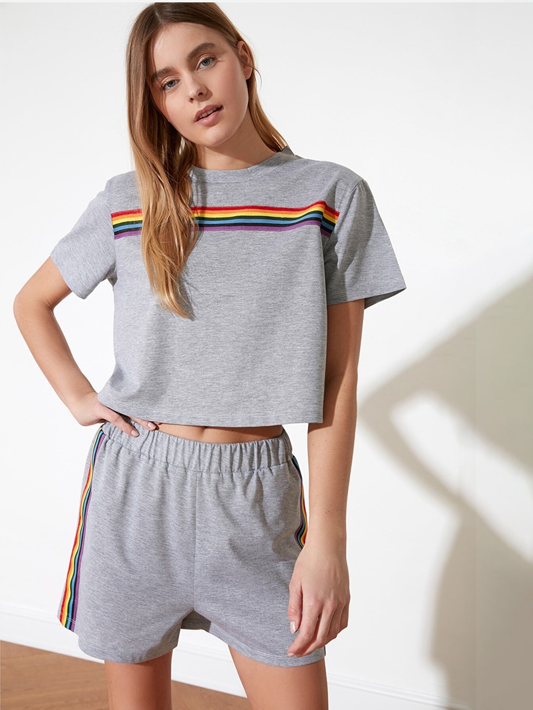 

Trendyol Women Grey & Red Striped Cotton Night suit