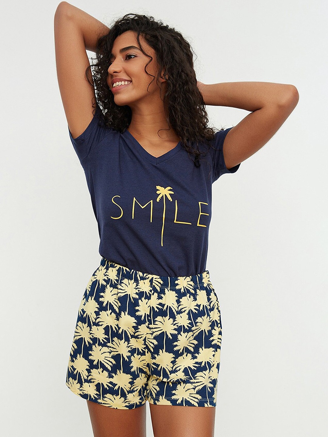 

Trendyol Women Navy Blue & Beige Printed Night suit