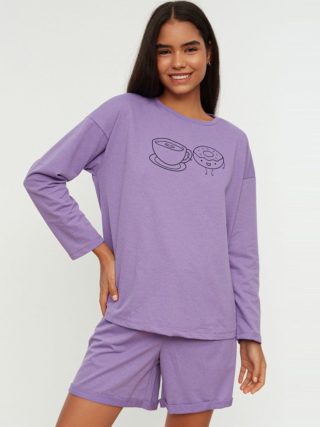 

Trendyol Women Violet & Black Printed Night suit
