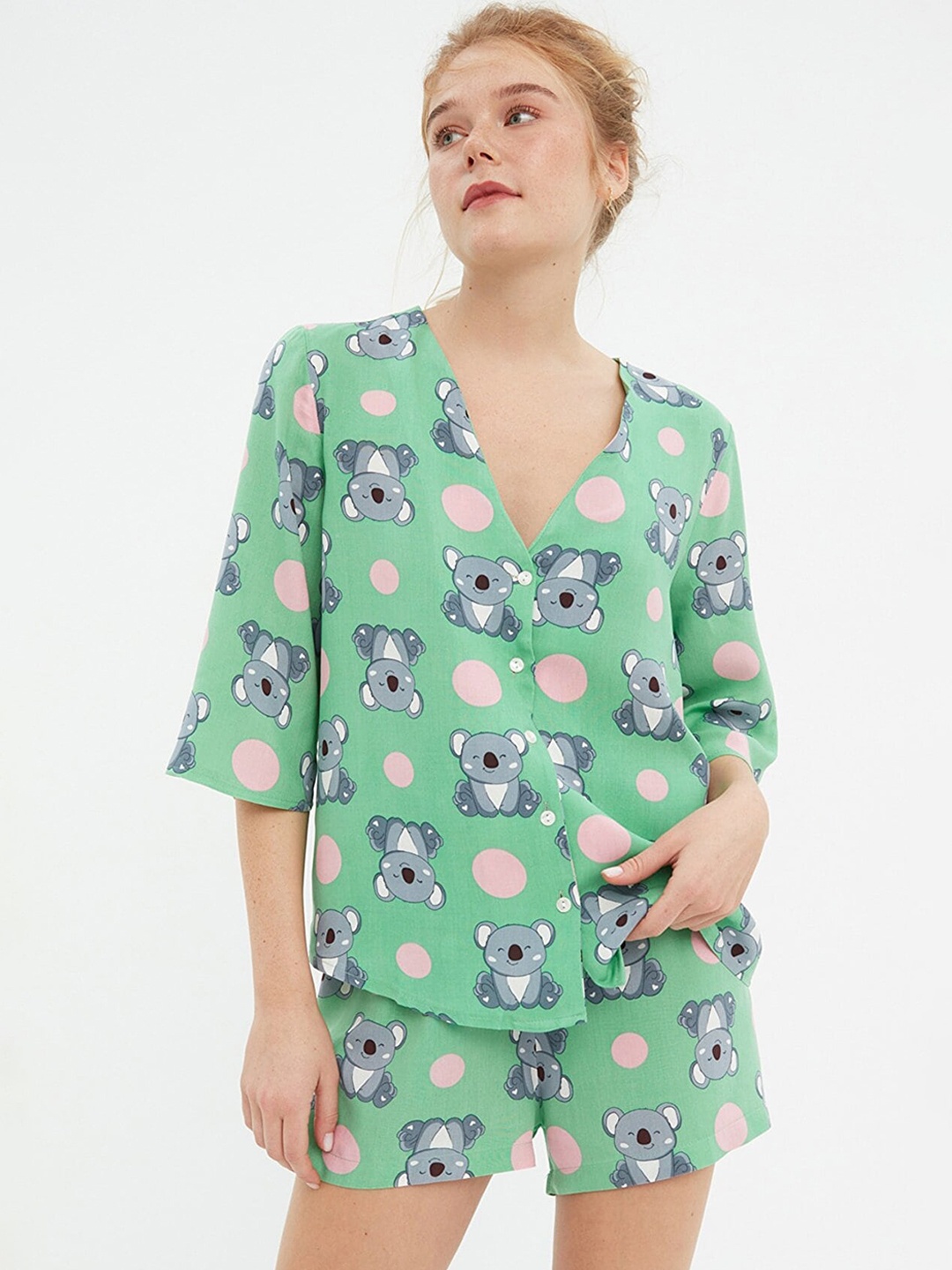 

Trendyol Women Green & Grey Printed Night suit