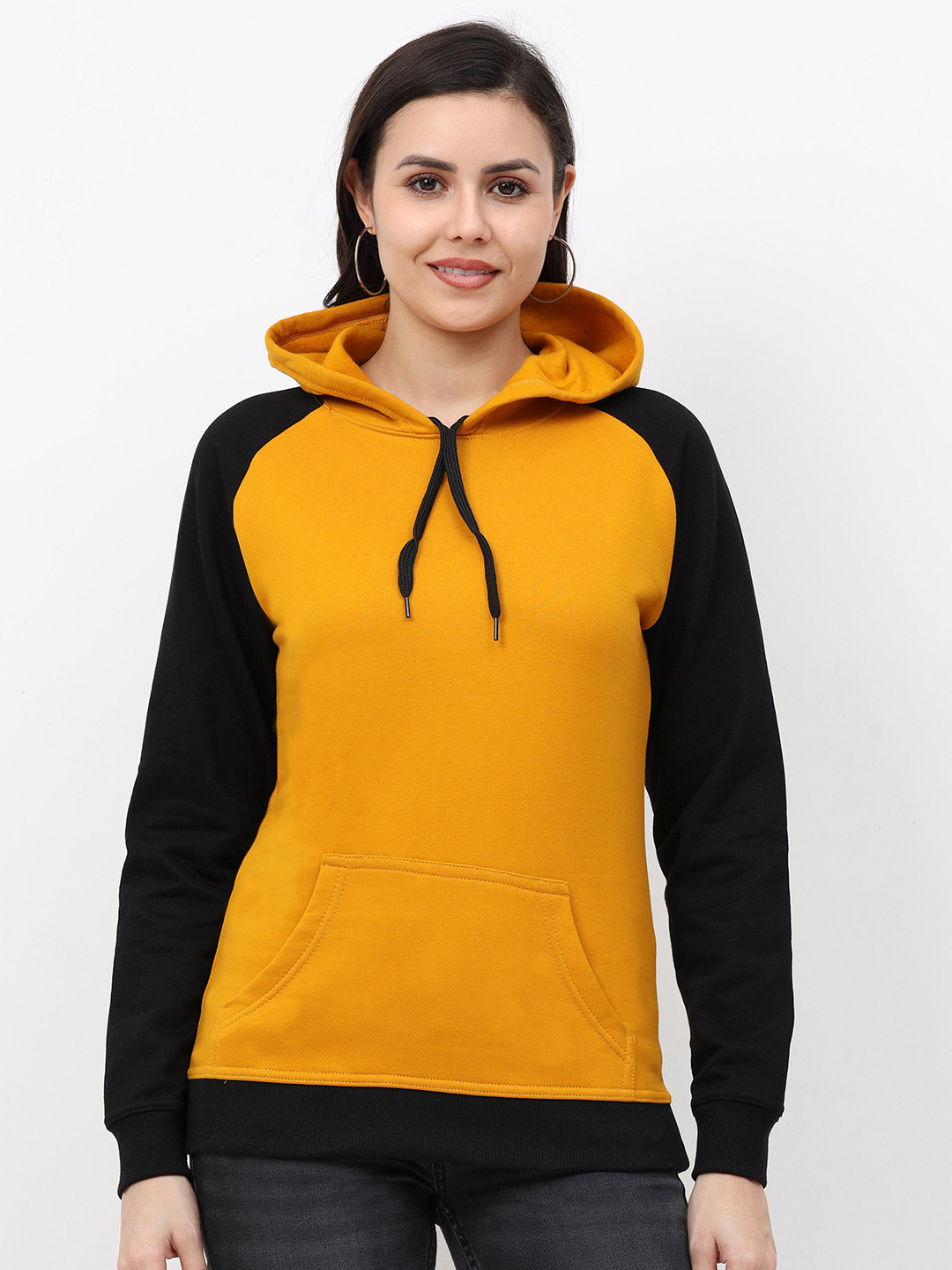 

Fleximaa Women Mustard Colourblocked Hooded Sweatshirt