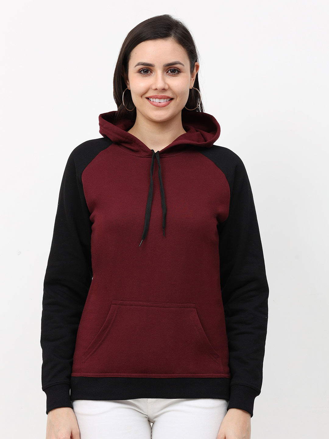 

Fleximaa Women Maroon & Black Colourblocked Hooded Sweatshirt