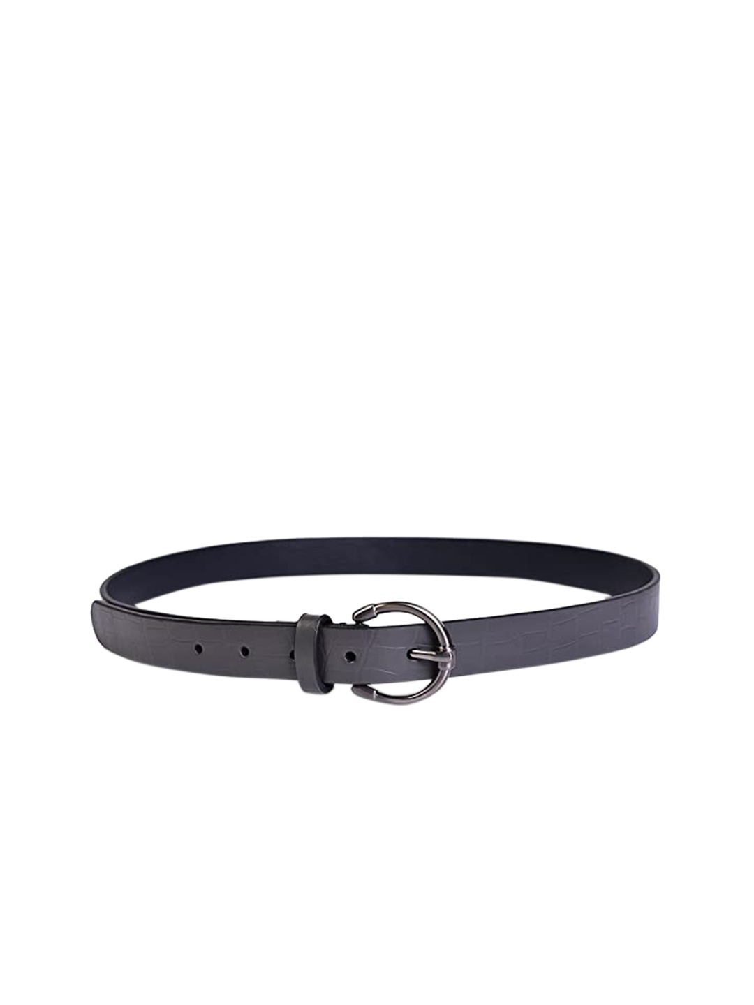 

Belwaba Women Gunmetal-Toned Croc Printed Leather Casual Belt, Metallic