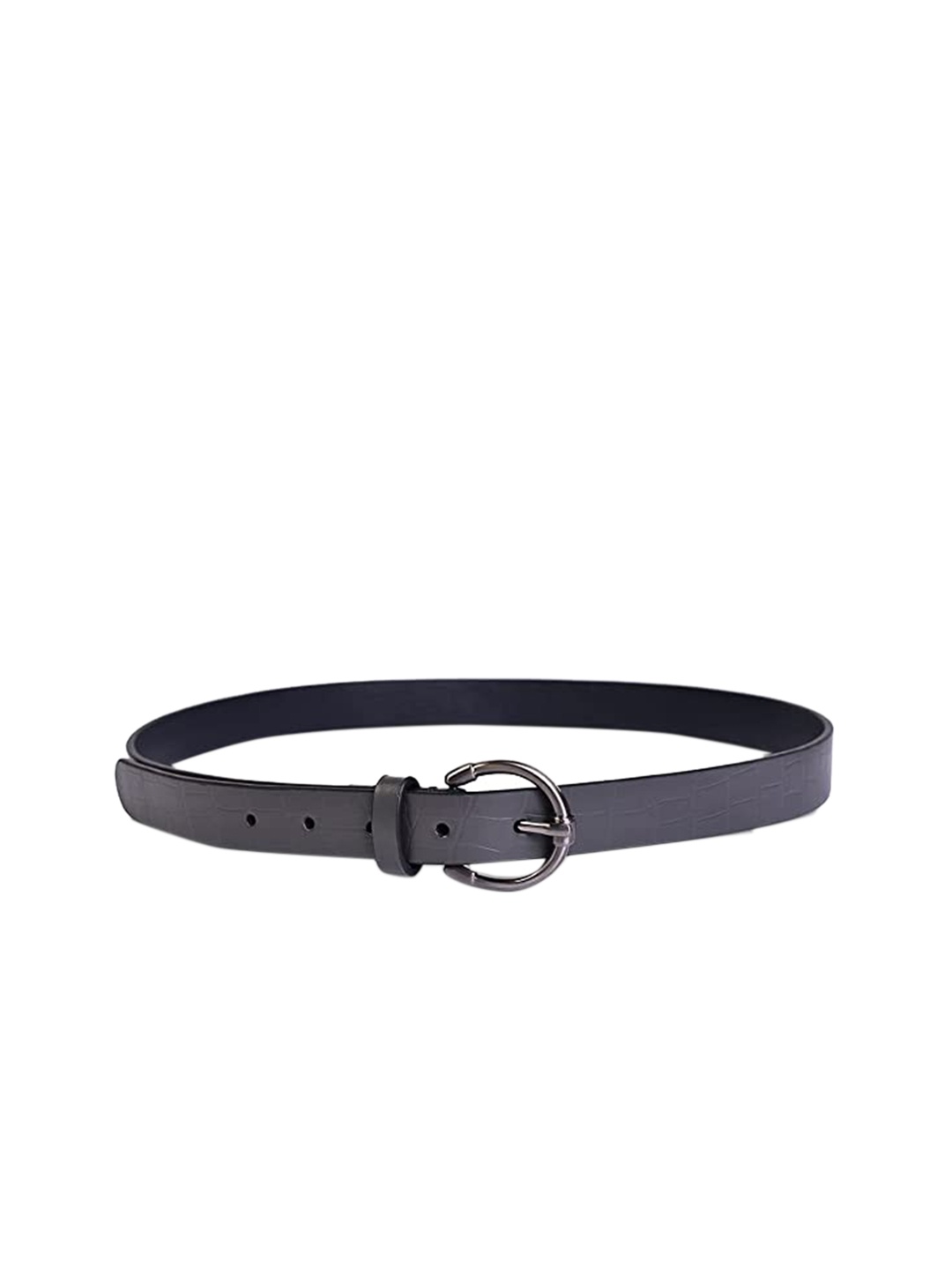 

Belwaba Women Gunmetal-Toned Croc Printed Leather Casual Belt, Metallic