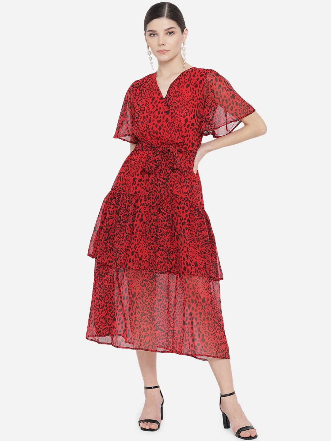 

Trend Arrest Women Red & Black Animal Georgette Midi Dress