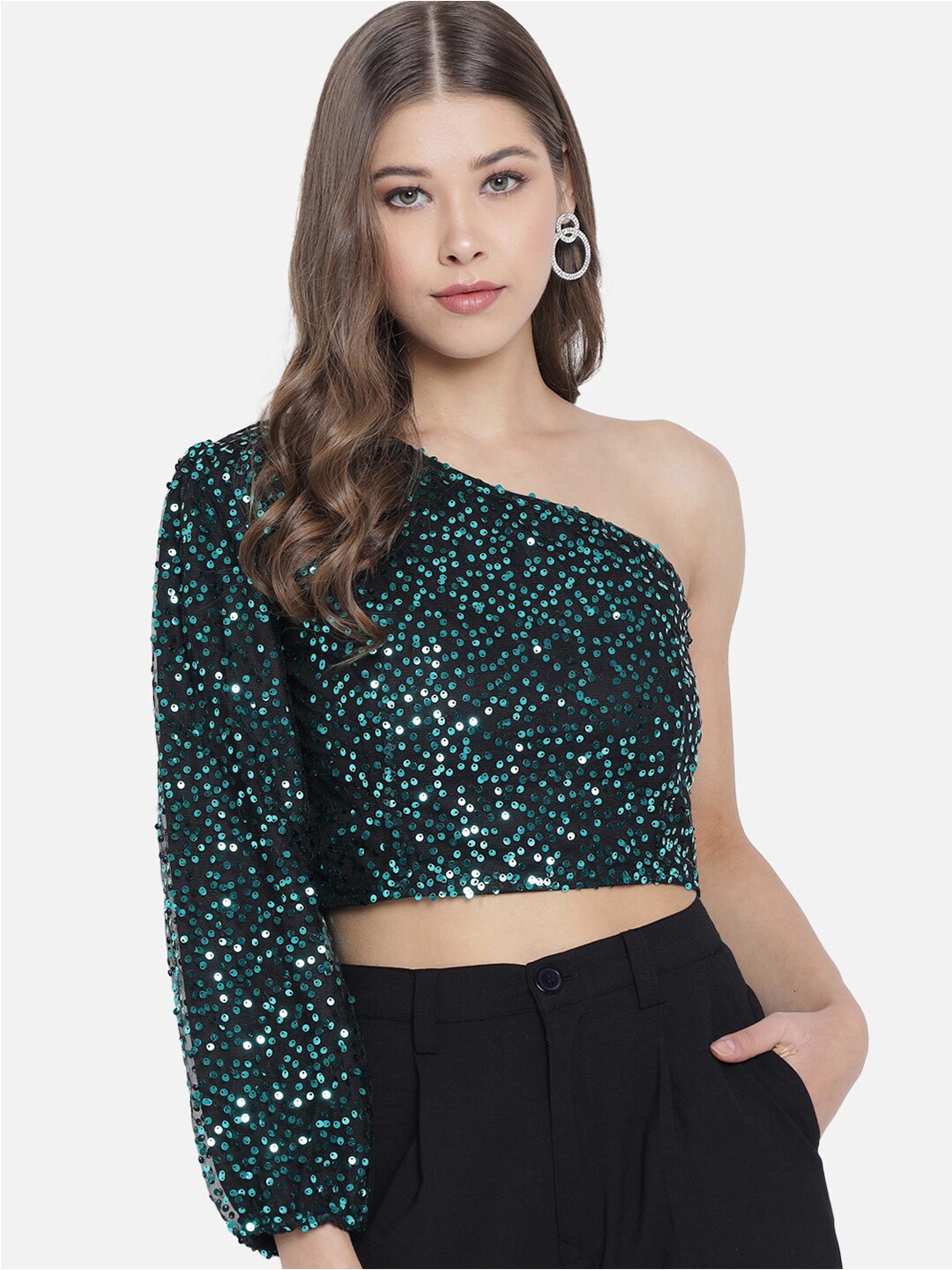 

Trend Arrest Green Sequine Work one-Shoulder Crop Top