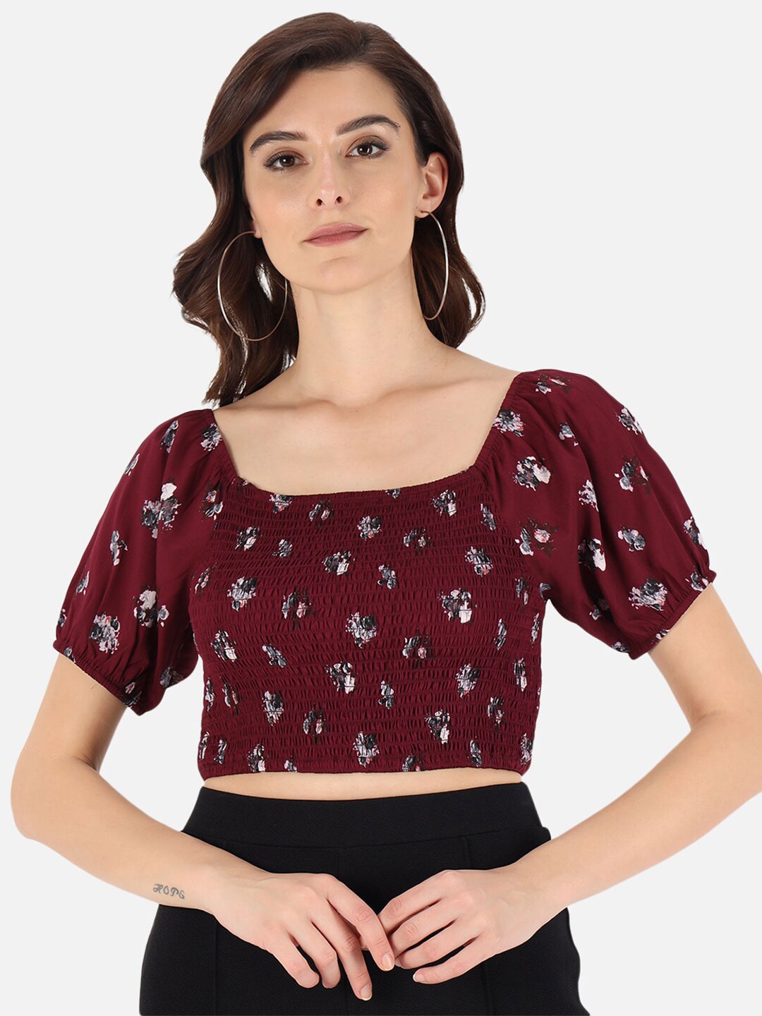 

Trend Arrest Women Burgundy Floral Print Crepe Crop Top