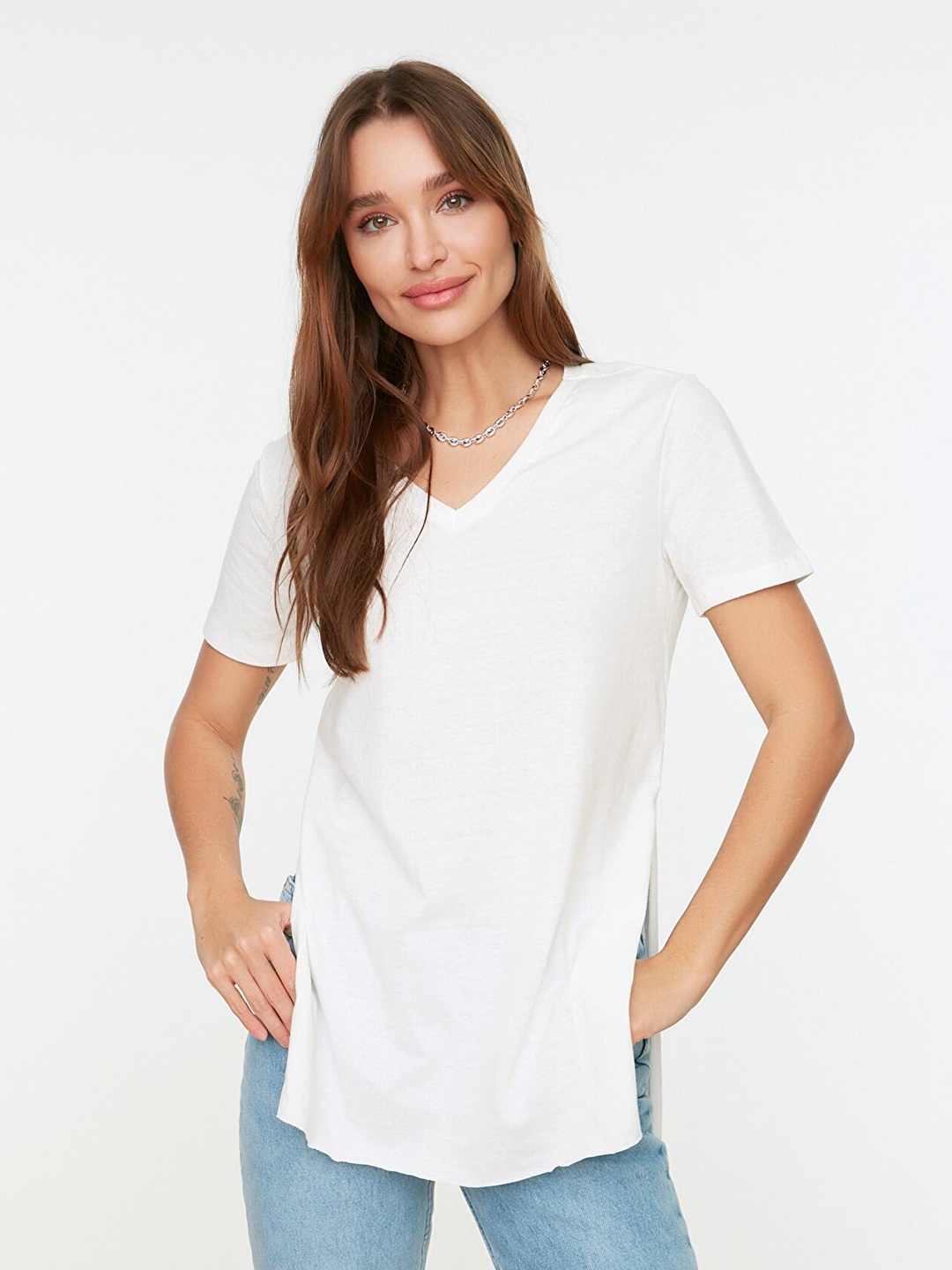 

Trendyol Women Off White V-Neck Pure Cotton T-shirt