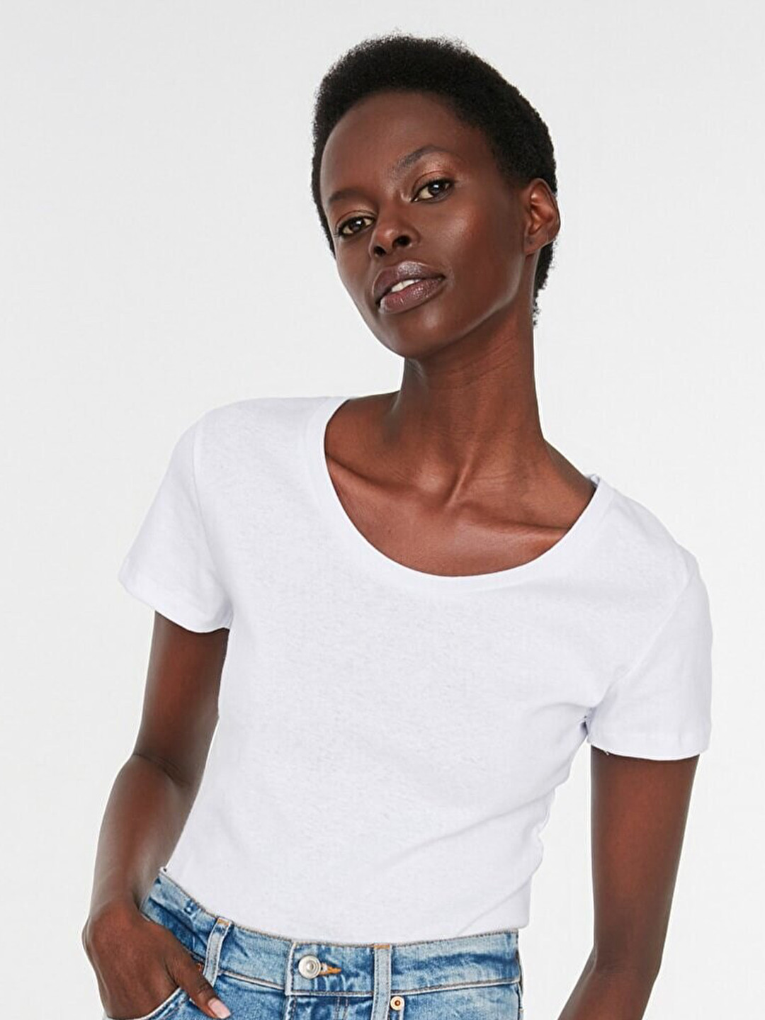 

Trendyol Women White Round Neck Cotton T-shirt