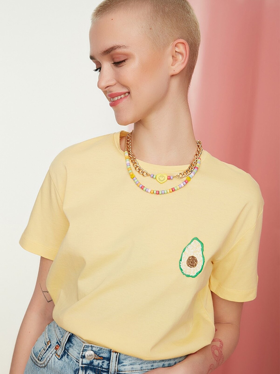 

Trendyol Women Yellow Self Designed Drop-Shoulder Sleeves T-shirt