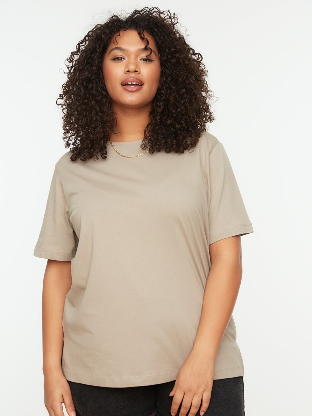 

Trendyol Women Plus Size Taupe Pure Cotton Casual T-shirt