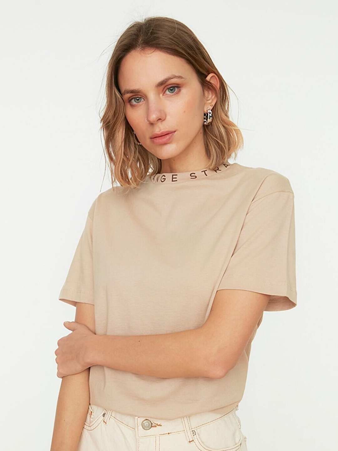 

Trendyol Women Beige Solid Cotton Round Neck T-shirt