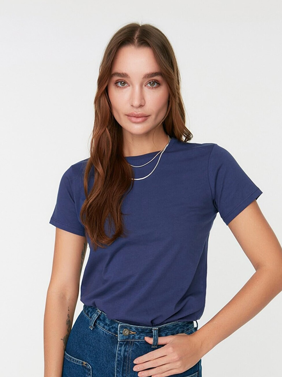 

Trendyol Women Navy Blue Solid Polyester T-shirt