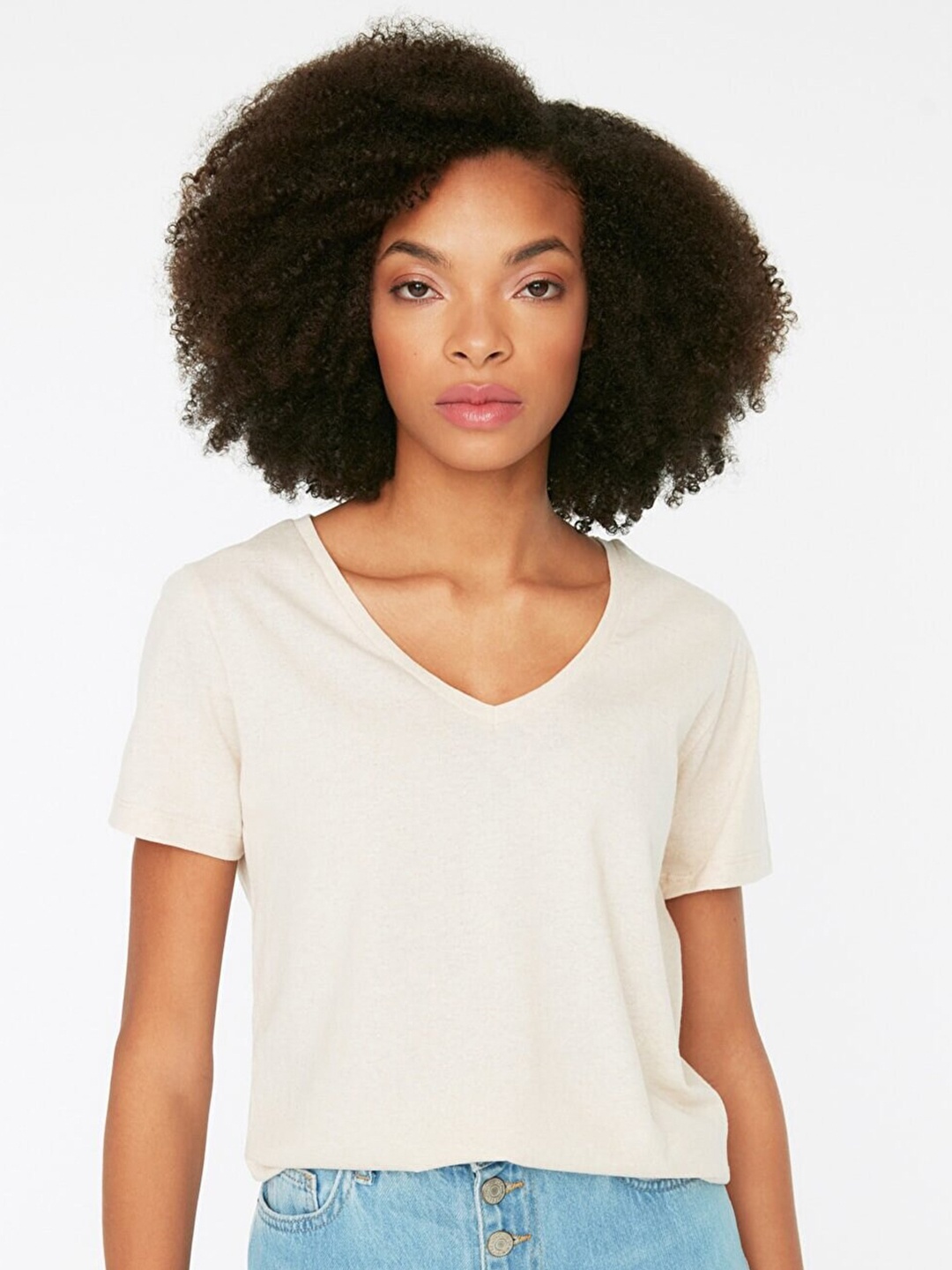 

Trendyol Women Beige Solid Short Sleeves V-Neck T-shirt