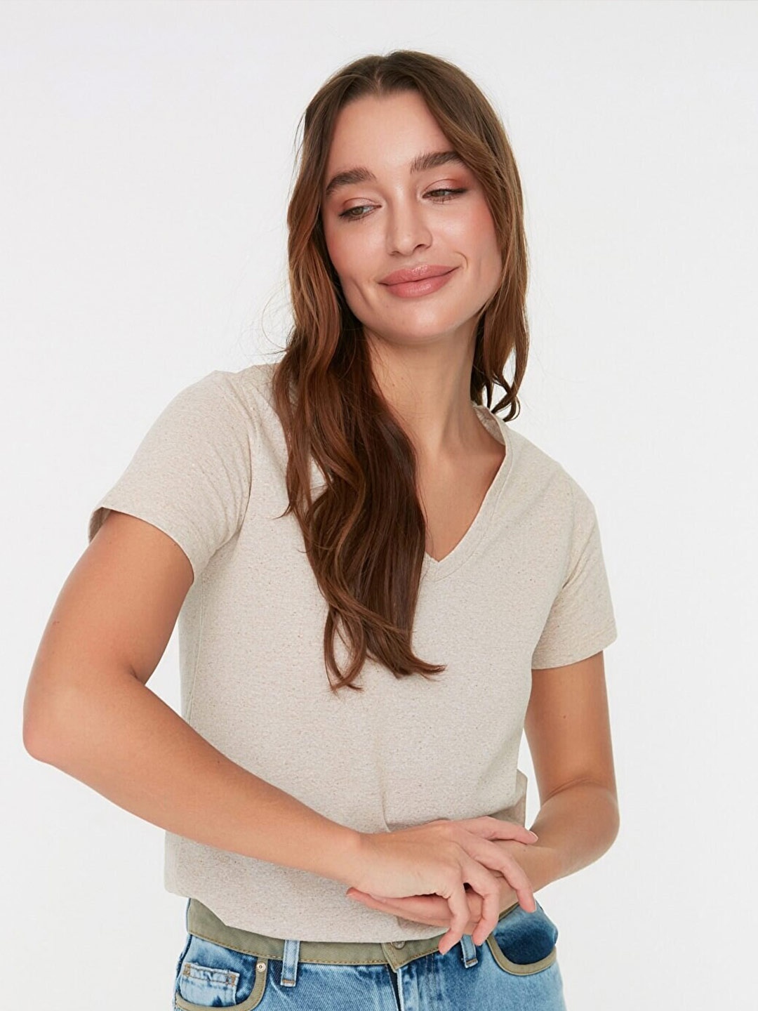 

Trendyol Women Beige V-Neck T-shirt