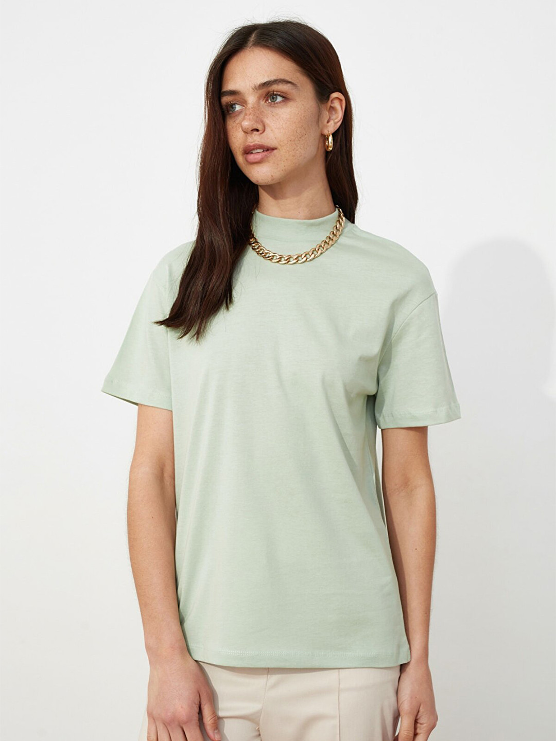 

Trendyol Women Green High Neck Cotton T-shirt