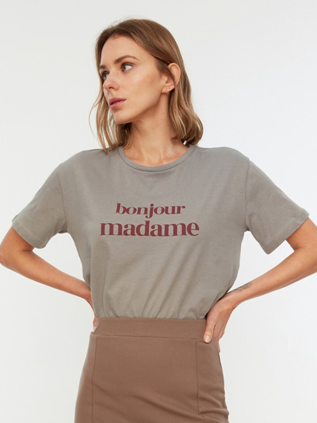 

Trendyol Women Grey Typography Extended Sleeves T-shirt