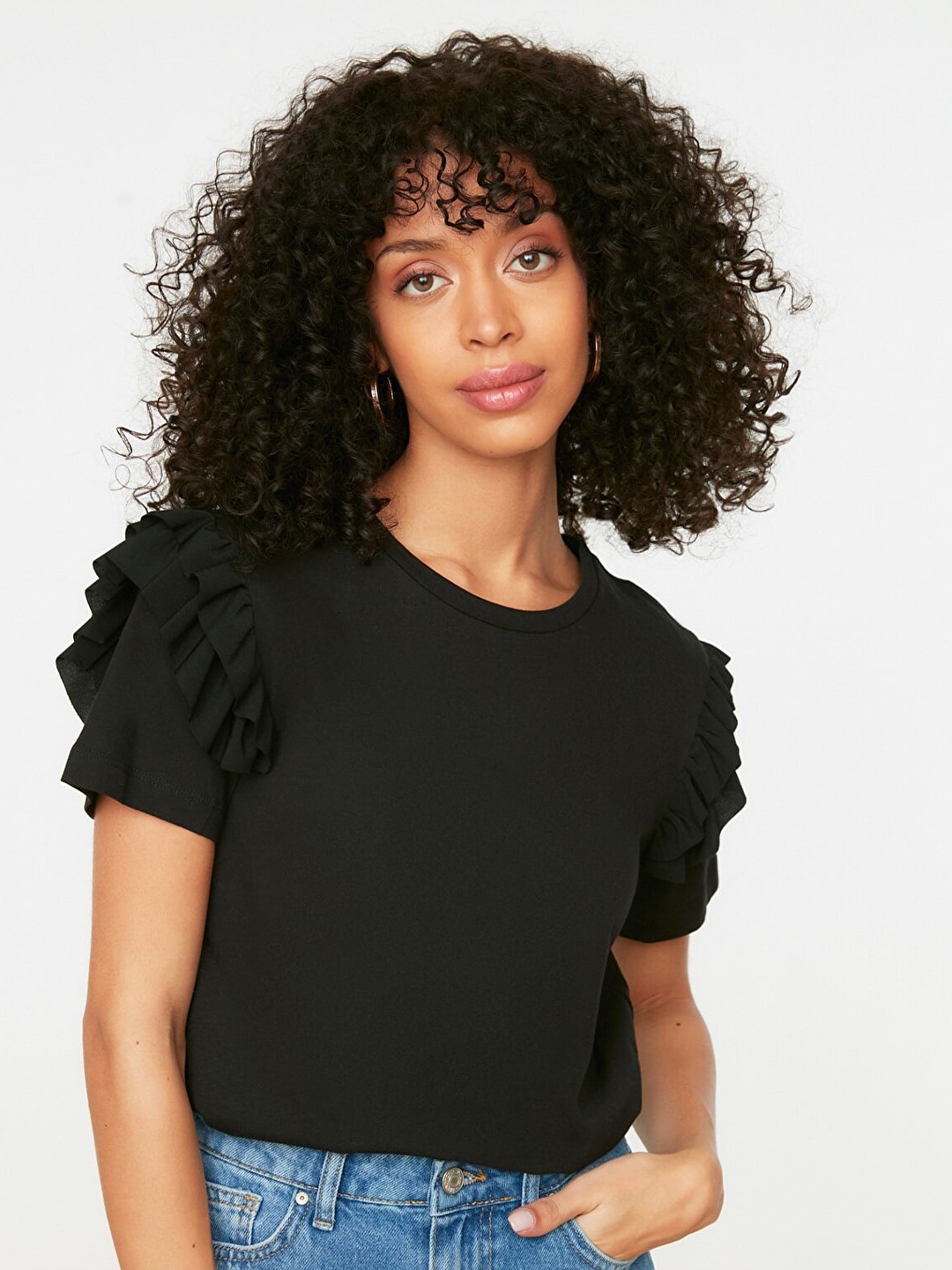 

Trendyol Women Black Solid Pure Cotton Puff Sleeves T-shirt
