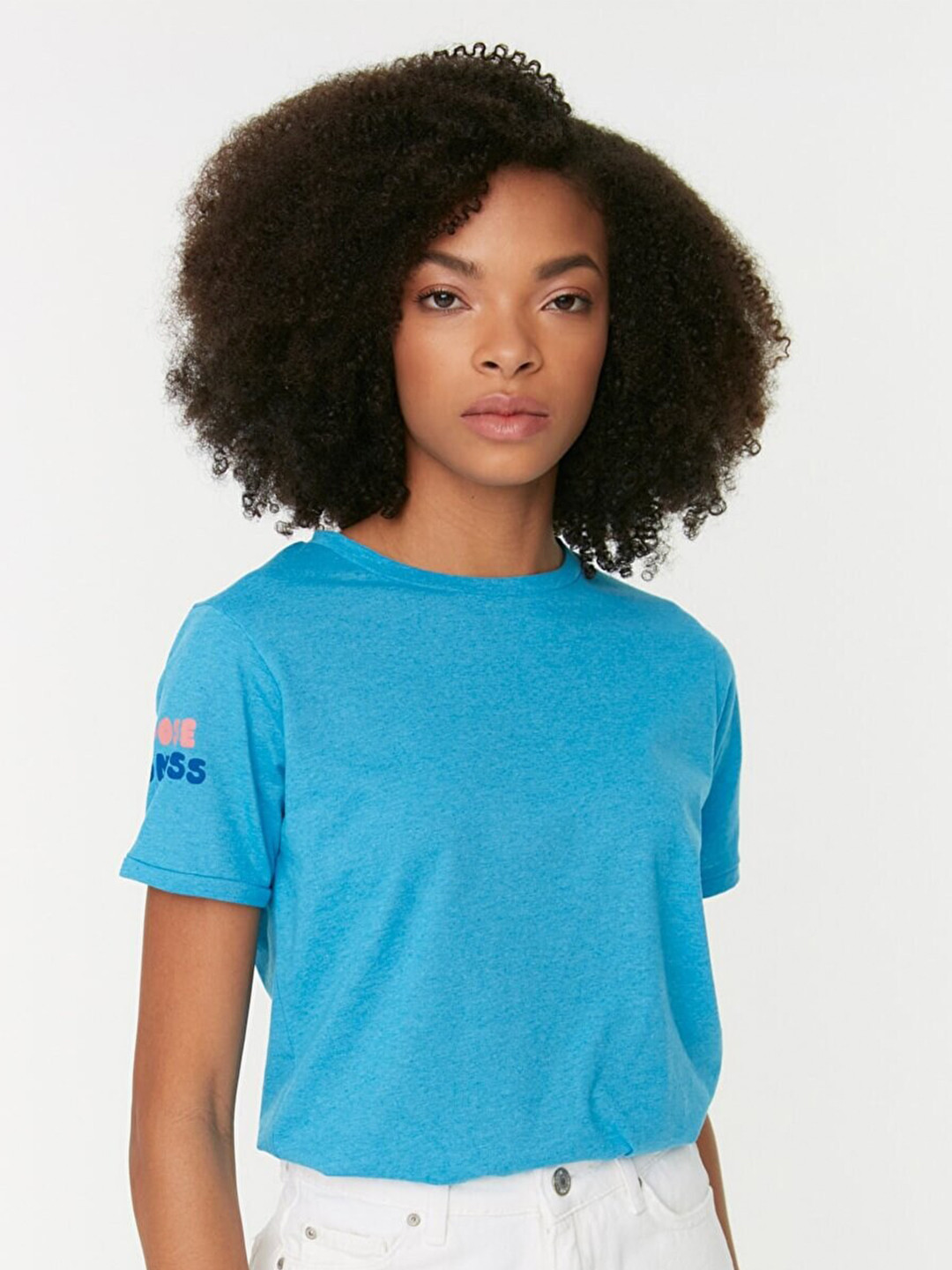 

Trendyol Women Blue & Orange Typography Printed T-shirt