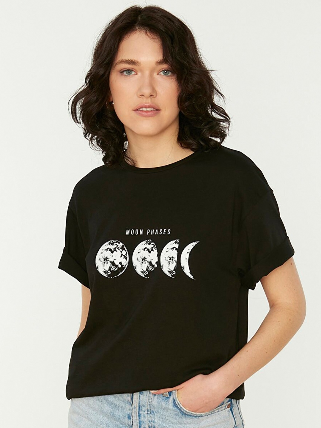 

Trendyol Women Black Typography Printed Pure Cotton T-shirt