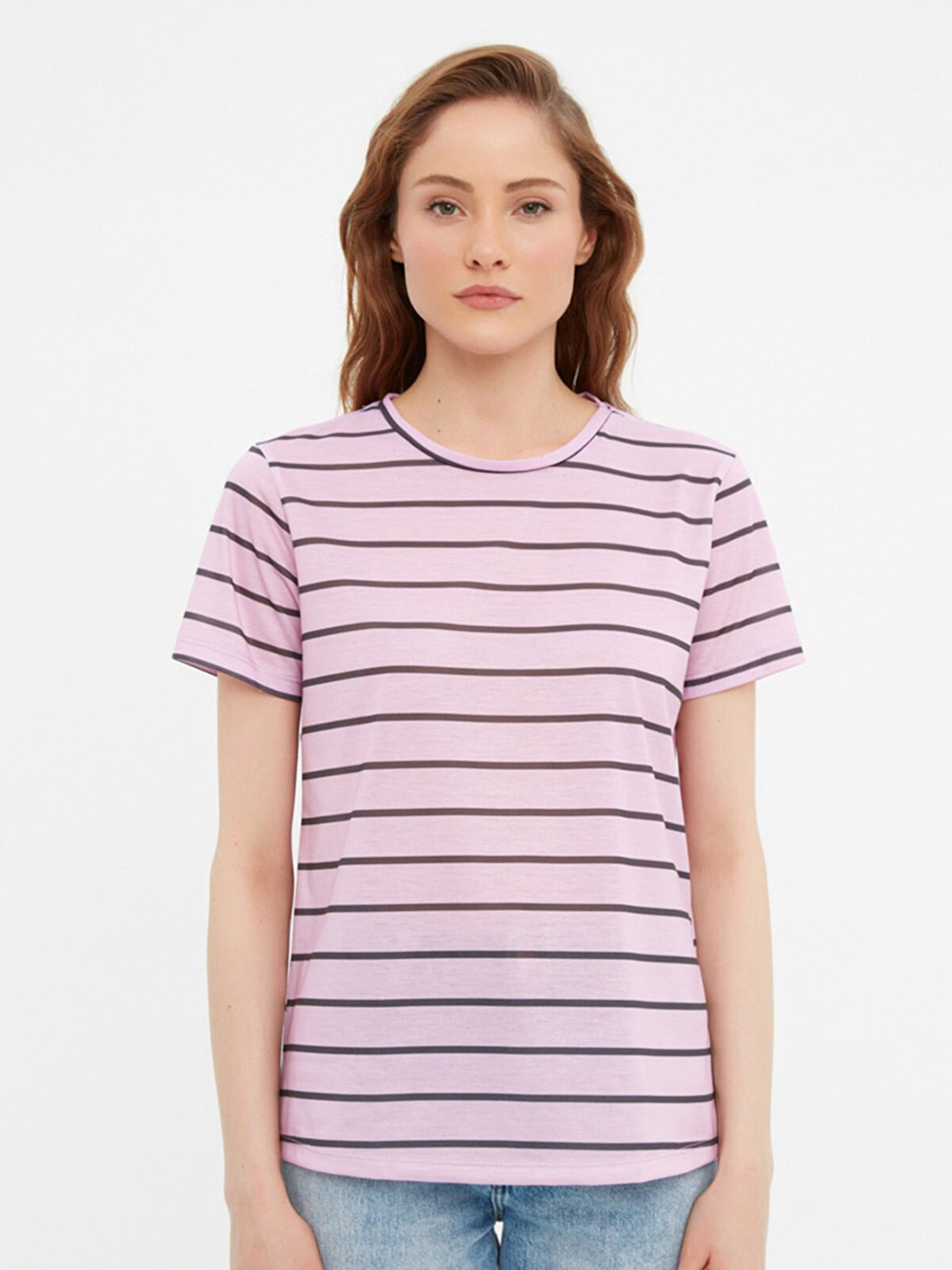 

Trendyol Women Pink Striped Drop-Shoulder Sleeves T-shirt