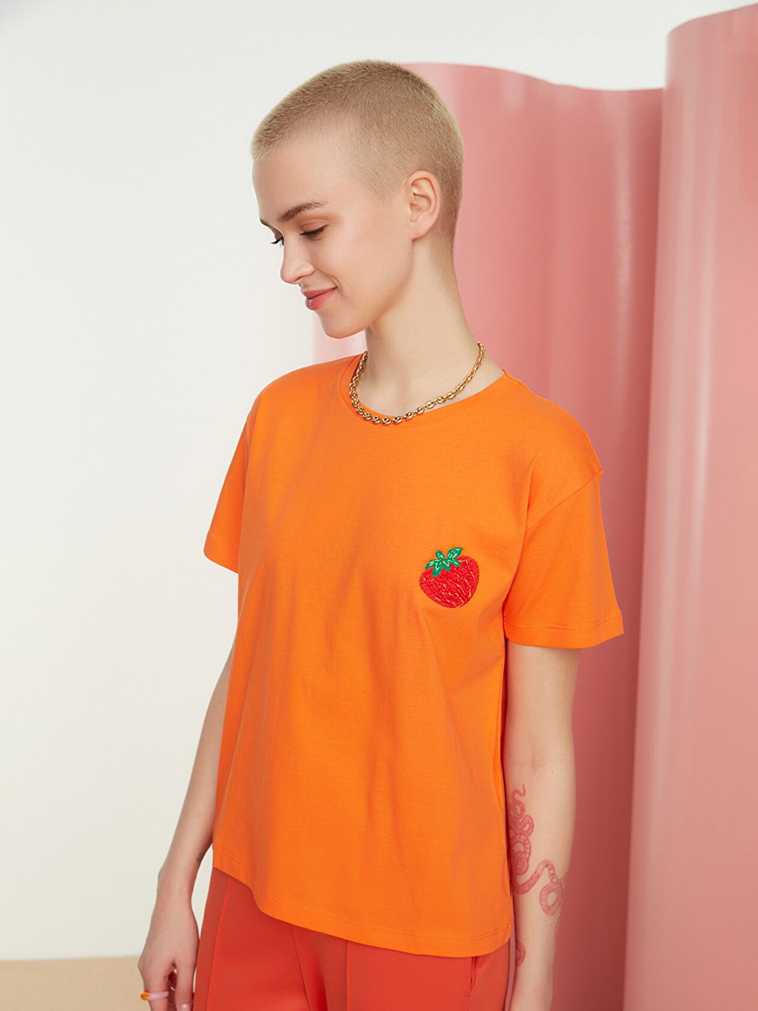 

Trendyol Women Orange Solid Round Neck Cotton T-shirt