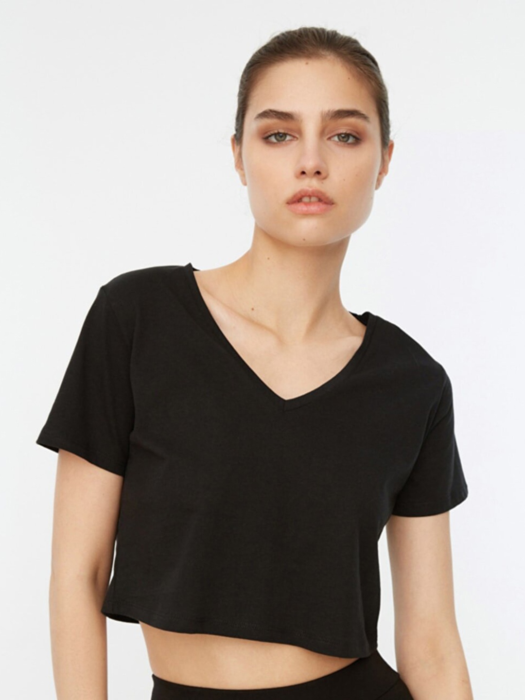 

Trendyol Women Black V-Neck Cotton T-shirt
