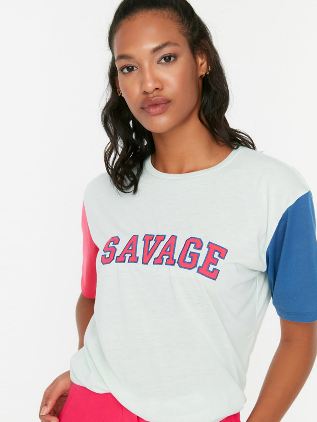 

Trendyol Women Green & Blue Typography Printed Cotton T-shirt
